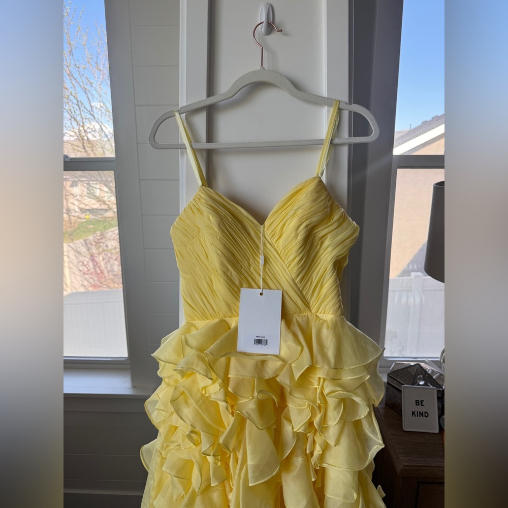 Mac Duggal Lemon Yellow Ruffle Tiered Prom Gown Sample Dress - Picture 2 of 6